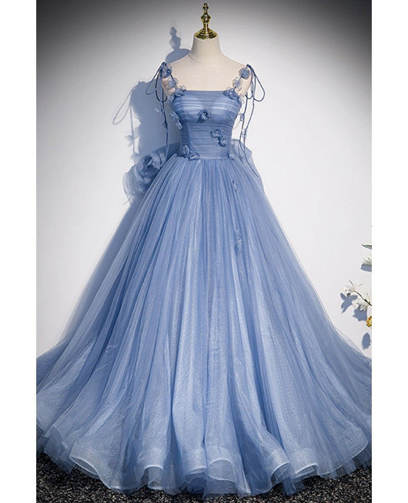 Abito da ballo unico ed elegante con spalline sottili, scollo a V, blu cielo, a forma di A/principessa, senza maniche, senza schienale, con lacci e lunghezza al pavimento.