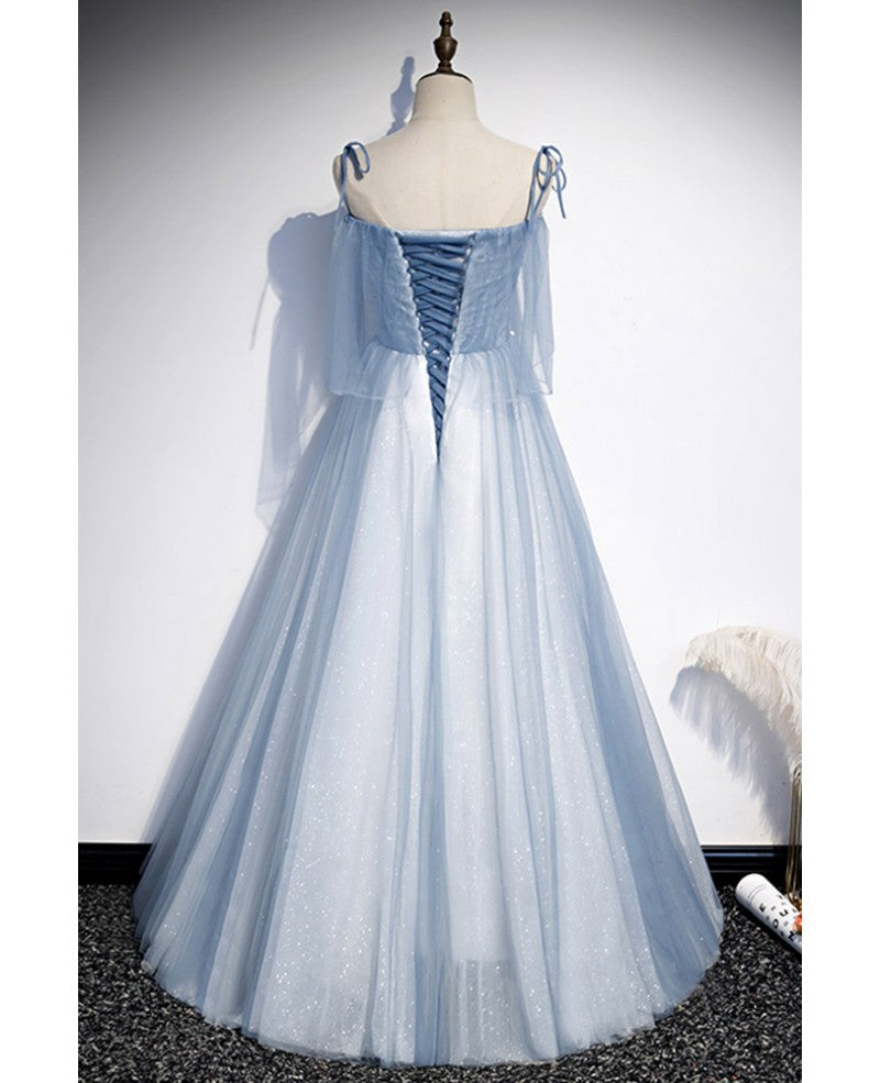 Vestido de noche azul cielo dulce con tirantes finos, sin mangas, apliques de encaje y cuentas, con corte en A azul cielo, gasa fina brillante, espalda abierta, tirantes largos con borde con volantes.