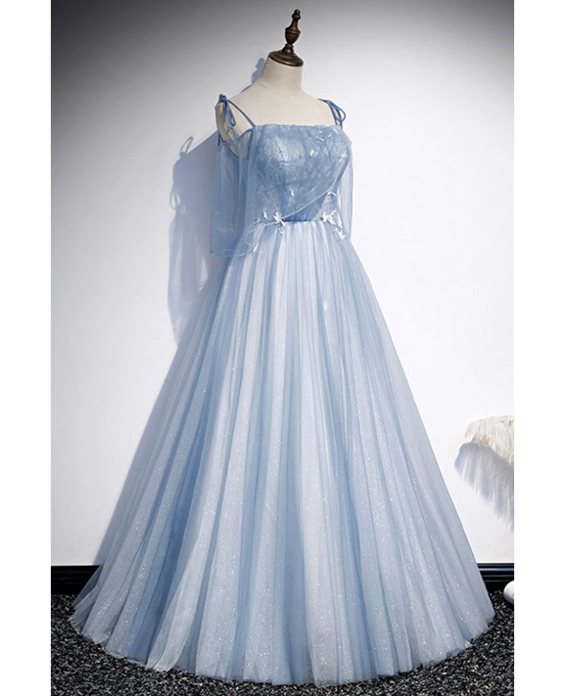 Vestido de noche azul cielo dulce con tirantes finos, sin mangas, apliques de encaje y cuentas, con corte en A azul cielo, gasa fina brillante, espalda abierta, tirantes largos con borde con volantes.