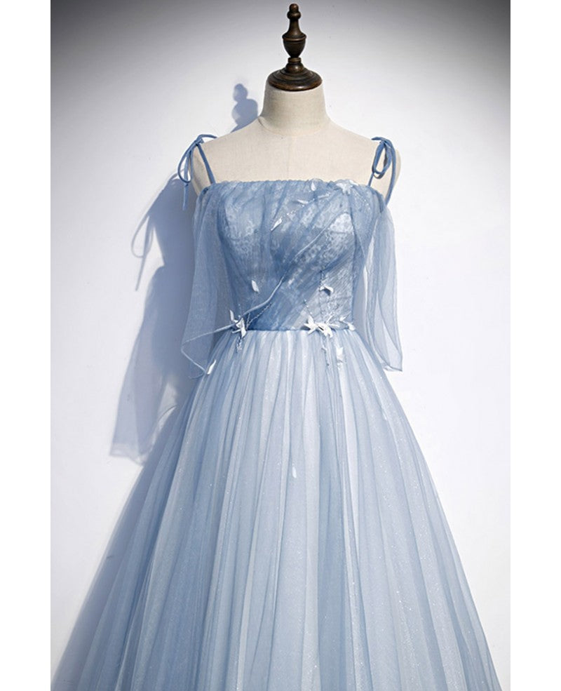 Vestido de noche azul cielo dulce con tirantes finos, sin mangas, apliques de encaje y cuentas, con corte en A azul cielo, gasa fina brillante, espalda abierta, tirantes largos con borde con volantes.