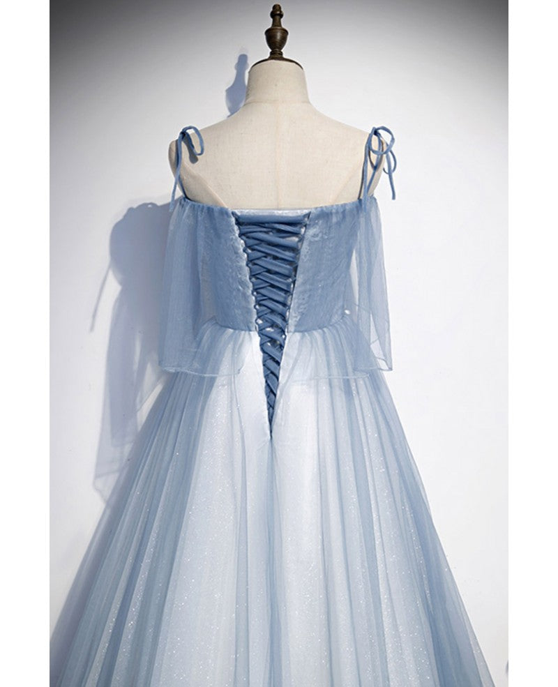 Vestido de noche azul cielo dulce con tirantes finos, sin mangas, apliques de encaje y cuentas, con corte en A azul cielo, gasa fina brillante, espalda abierta, tirantes largos con borde con volantes.