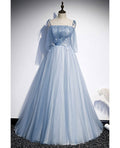 Vestido de noche azul cielo dulce con tirantes finos, sin mangas, apliques de encaje y cuentas, con corte en A azul cielo, gasa fina brillante, espalda abierta, tirantes largos con borde con volantes.