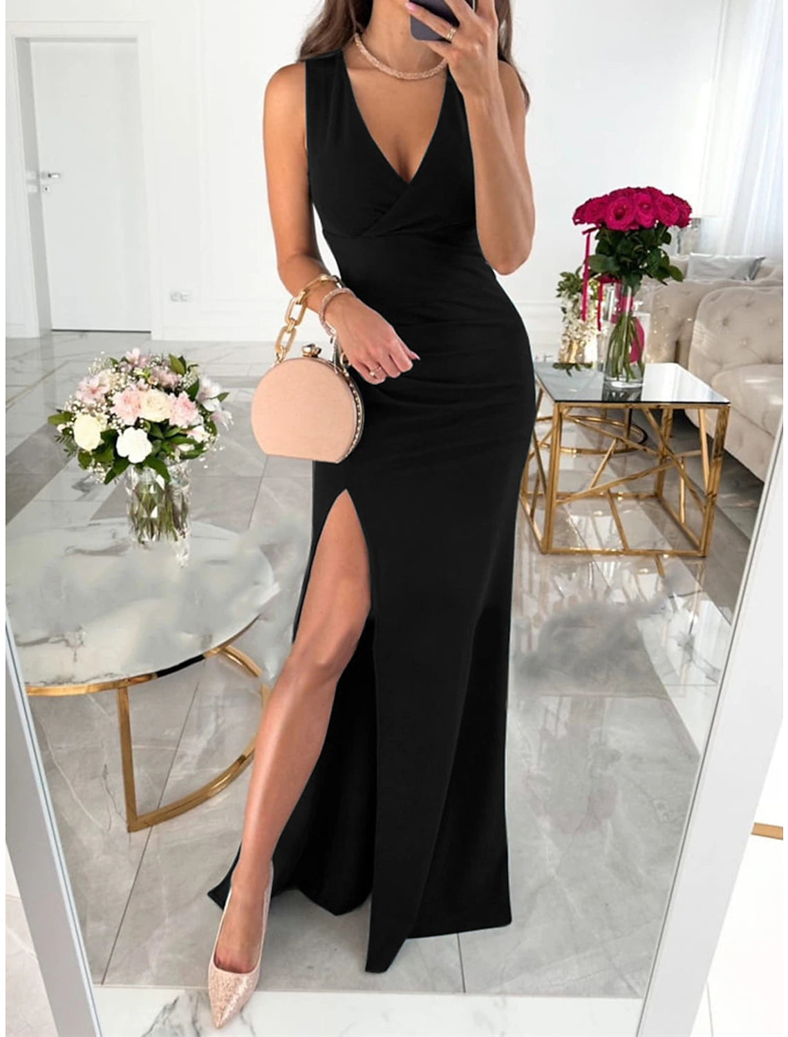 Abito da ballo da donna, abito da invitata a nozze, abito da ballo di fine anno, abito tubino, abito lungo, abito lungo, nero, rosso, verde, senza maniche, colore puro, senza schienale, estivo, primaverile, scollo a V, festa, sera