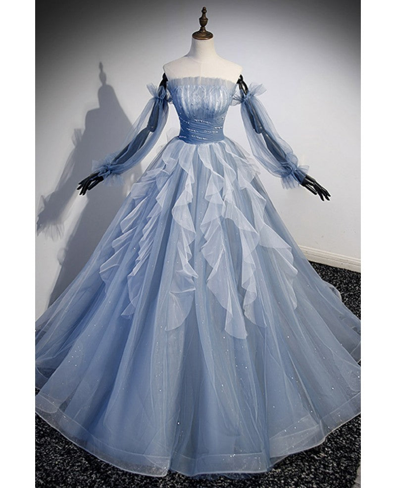 Sweet and elegant sky blue beaded sequins off the shoulder long sleeved ball dress sky blue A-line/princess strapless backless strap and ground length prom dress