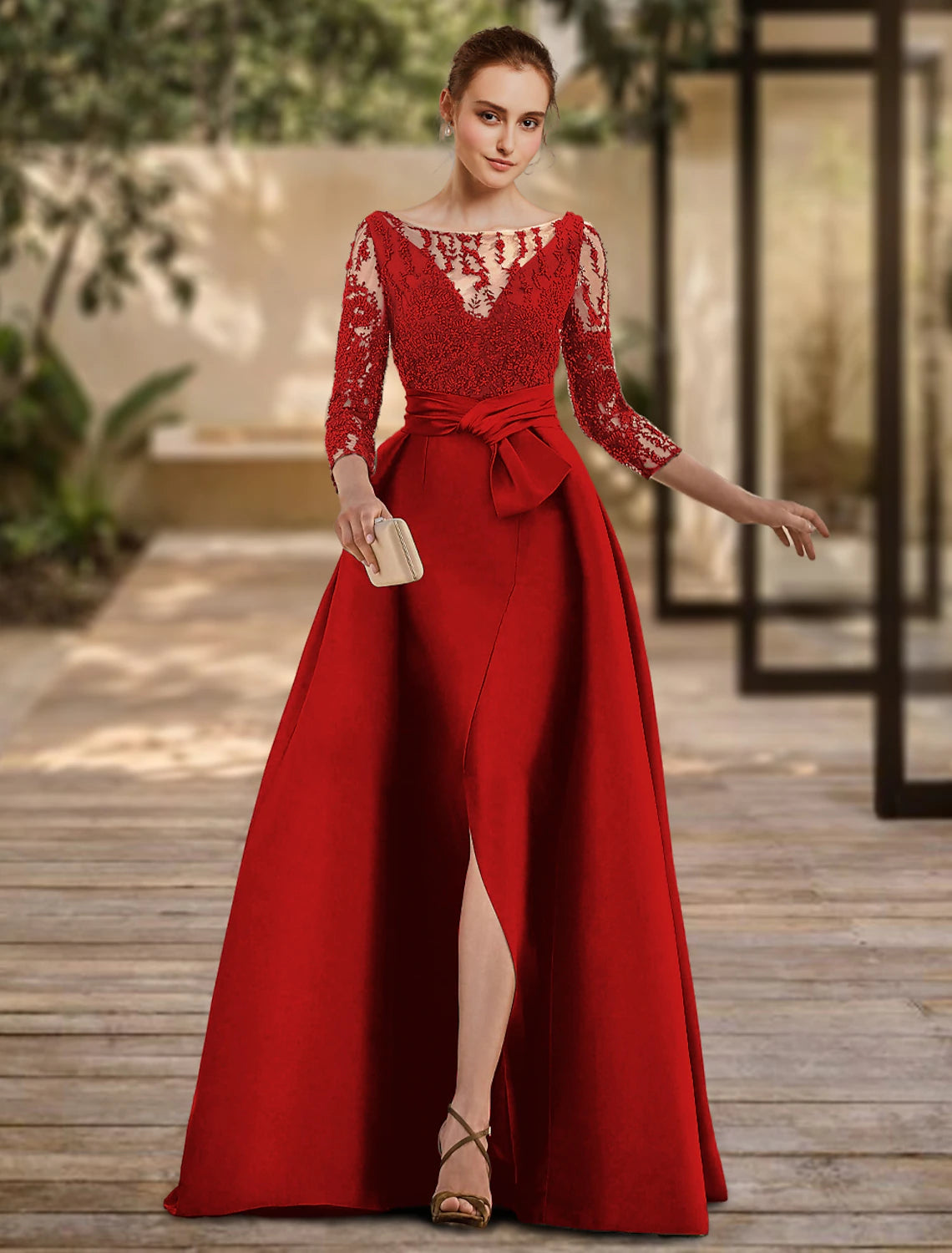 Olive Green Satin A-Line Evening Dress with Illusion Neck & Embroidered Sleeves