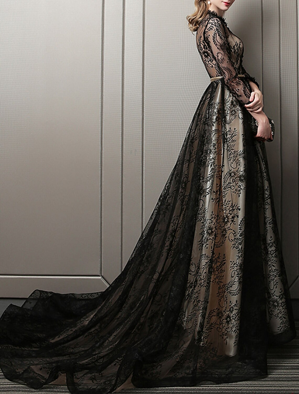 Black Lace A-Line Floor-Length Evening Dress with Lace overlay and High neck