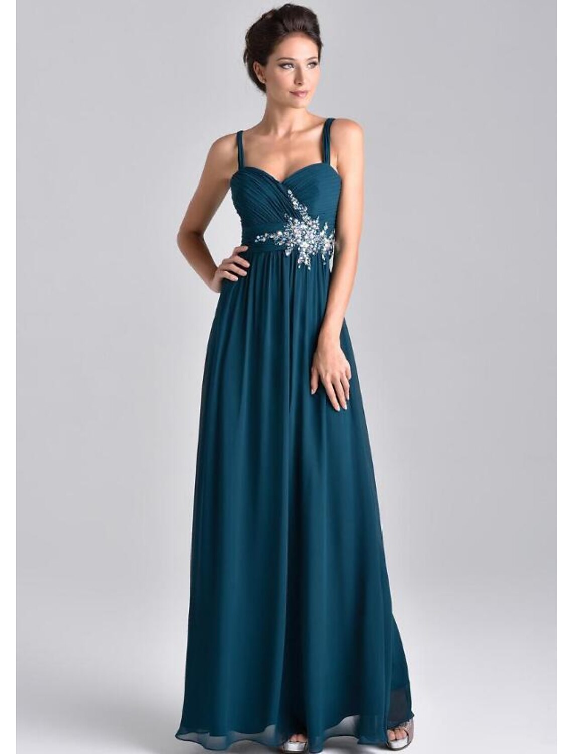 Vestido elegante de dos piezas para madre de la novia, corte A, tirantes finos, largo hasta el suelo, de gasa, encaje, mangas 3/4, cruzado incluido con bordado