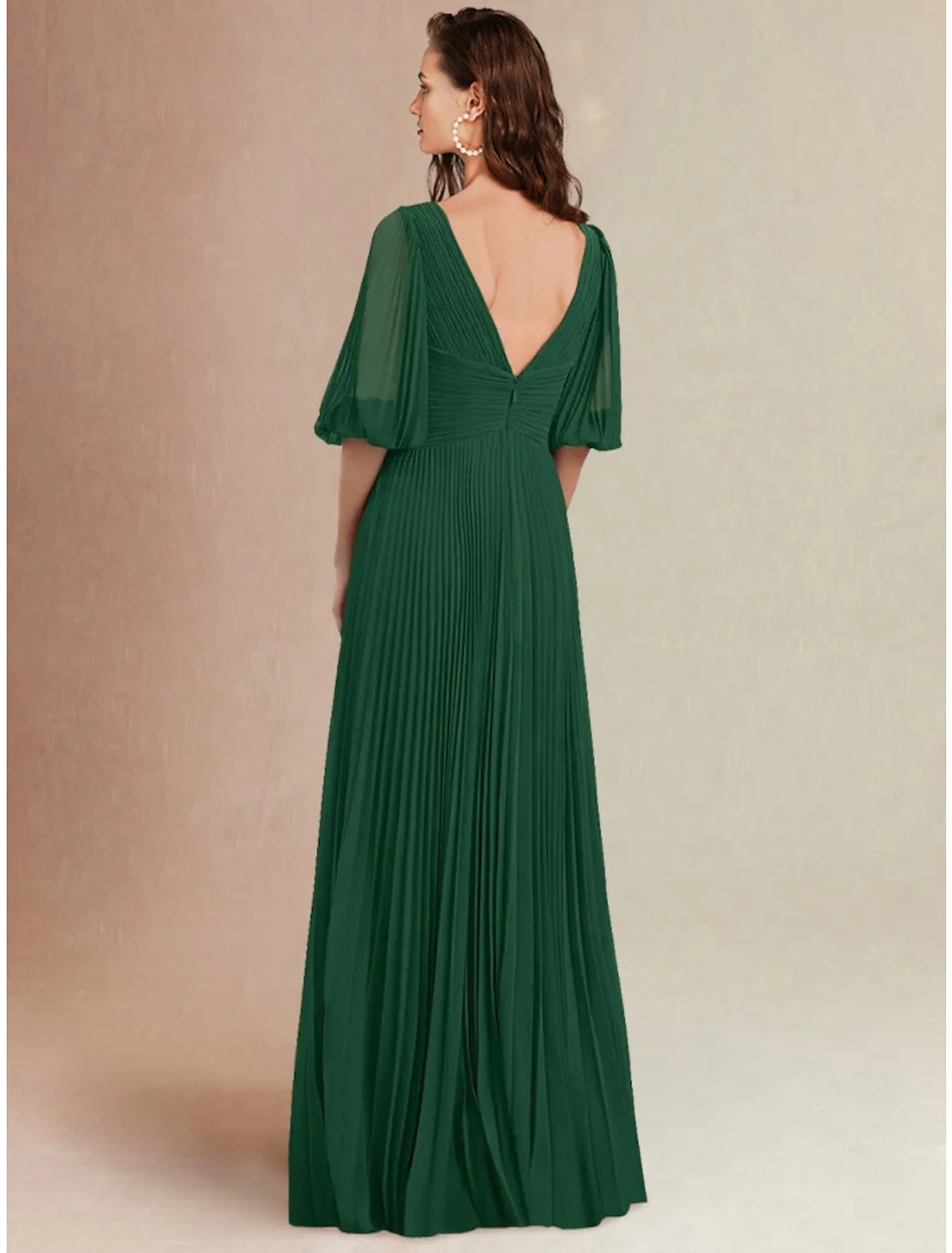 Abito da damigella d'onore a trapezio, scollo a V, manica corta, elegante, lunghezza pavimento, in chiffon con spacco frontale / arricciatura