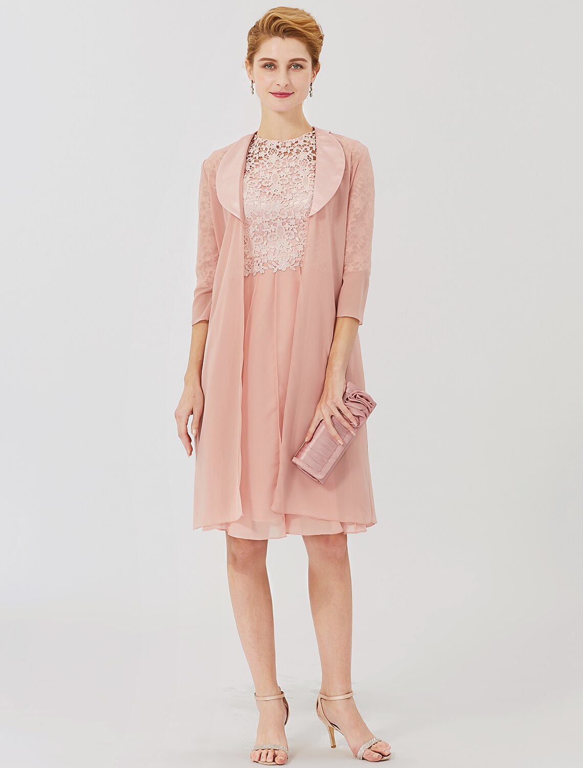 Vestido de baile para madre de la novia, formal, clásico y atemporal, elegante y lujoso, convertible, cuello ilusión, largo hasta la rodilla, gasa, encaje floral, manga 3/4 con broche de cristal