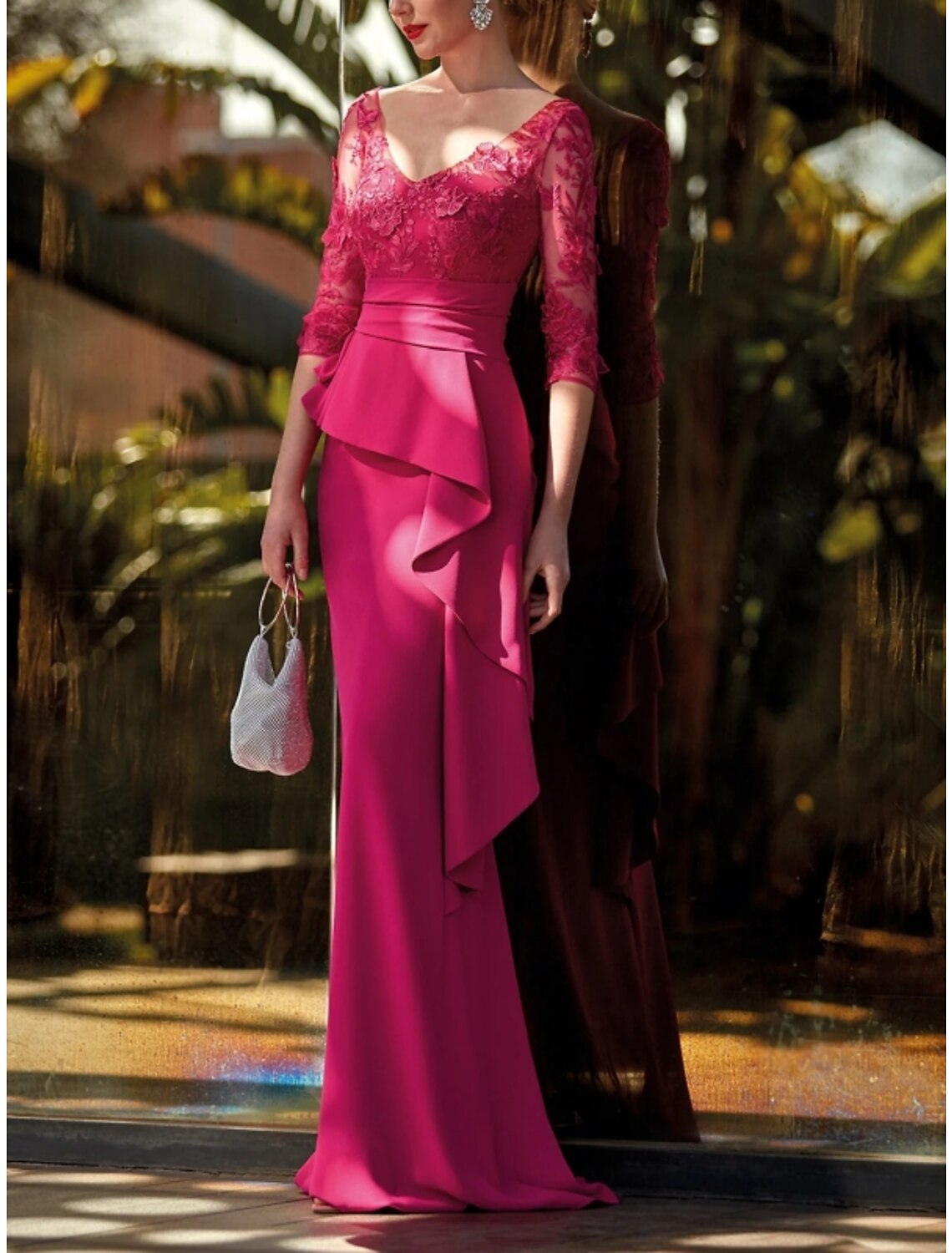 Vestido de noche de corte tubo/columna, vestido de fiesta formal de otoño, cola larga/corta, media manga, escote en V, encaje con volantes 2025