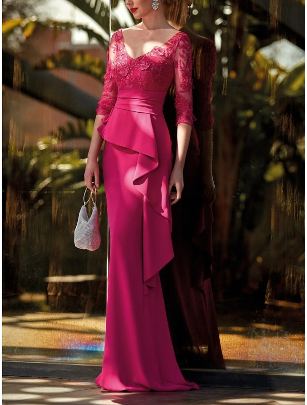 Vestido de noche de corte tubo/columna, vestido de fiesta formal de otoño, cola larga/corta, media manga, escote en V, encaje con volantes 2025