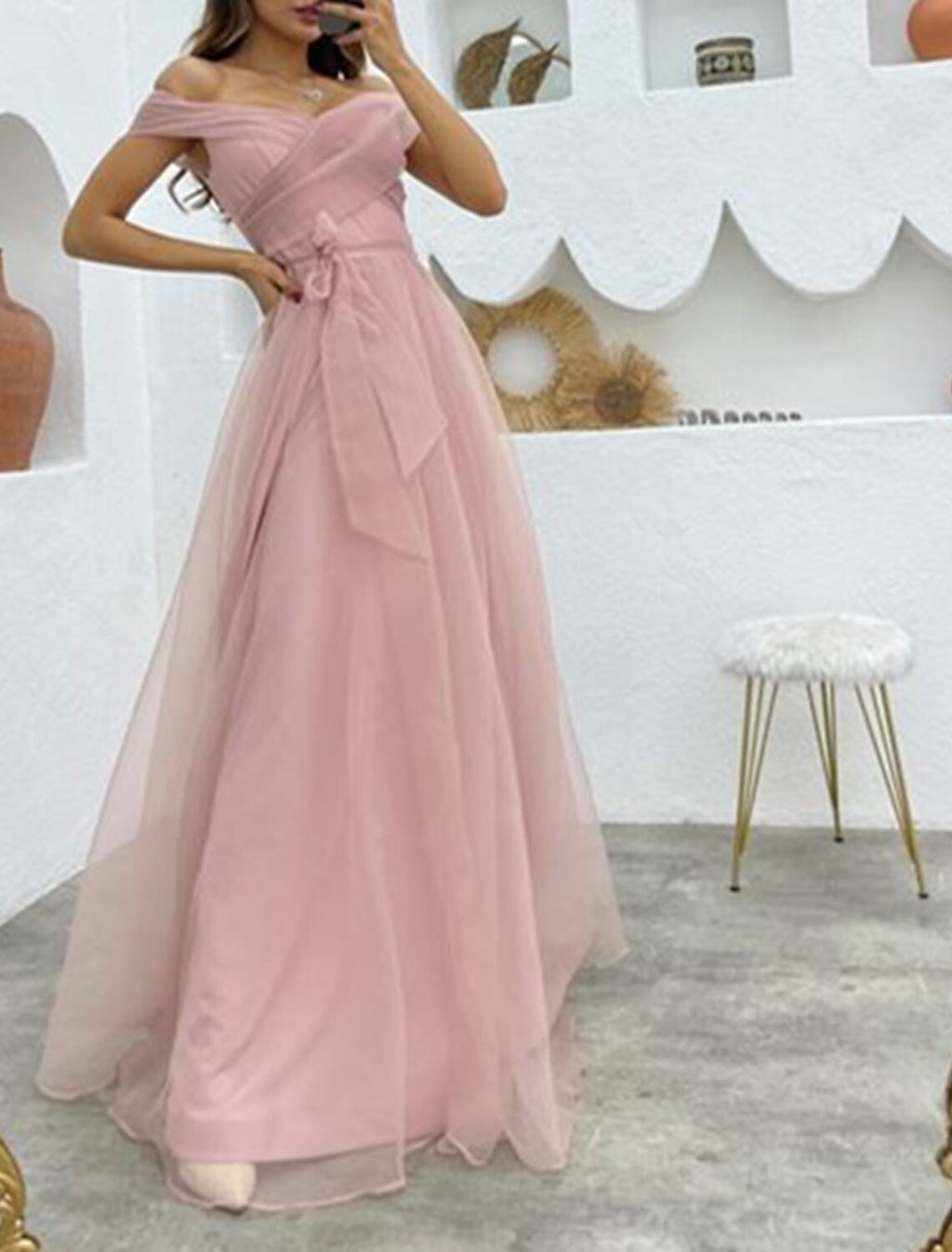 Vestido de noche de corte A, estilo años 50, formal, para recepción de boda, largo hasta el suelo, sin mangas, hombros descubiertos, de organza, con tiras