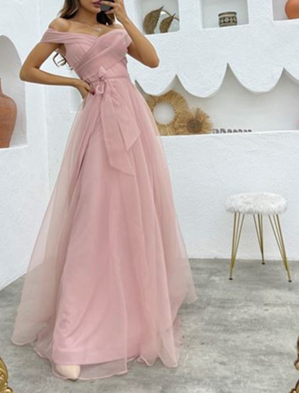 Vestido de noche de corte A, estilo años 50, formal, para recepción de boda, largo hasta el suelo, sin mangas, hombros descubiertos, de organza, con tiras