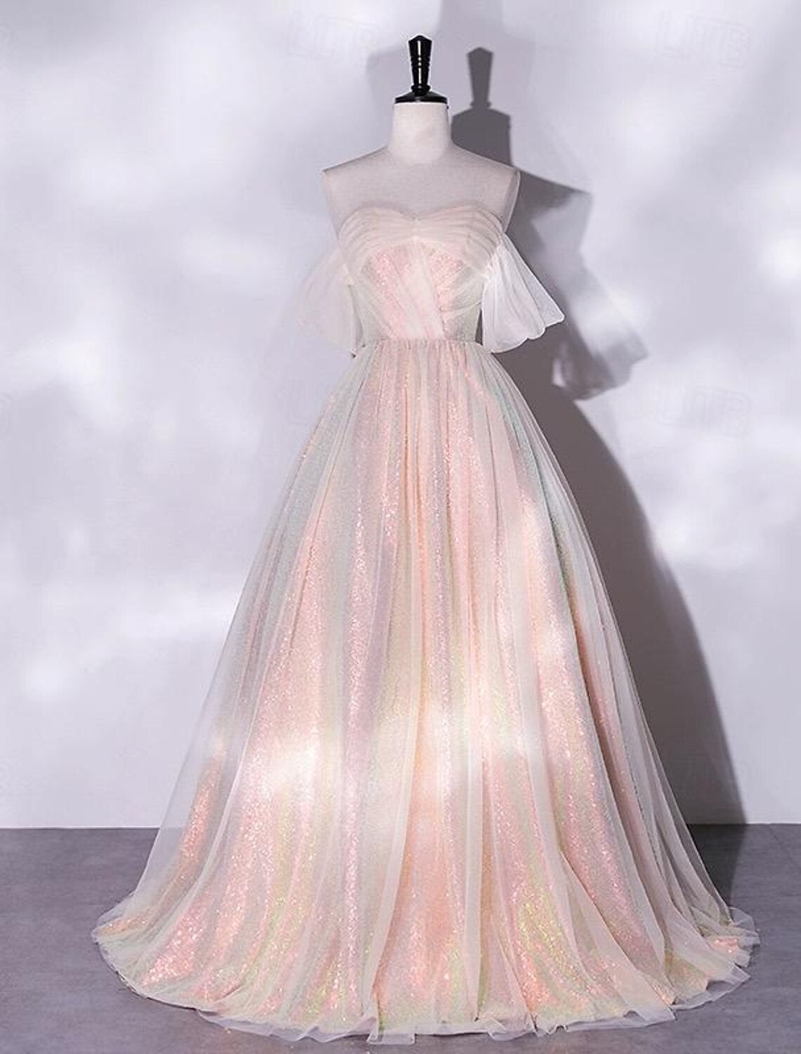 A-Line Prom Dresses Glittering Dress Quinceanera Birthday Floor Length Short Sleeve Off Shoulder Tulle with Ruched