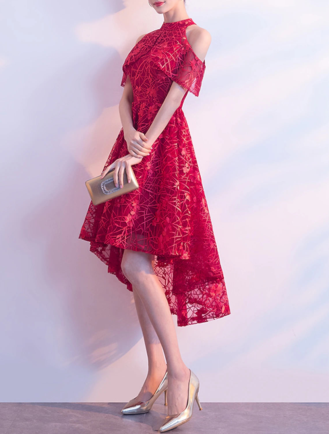 Vestidos de cóctel de corte A, elegantes, para invitados de boda, para fiesta, asimétricos, de manga corta, con cuello joya, de tul con pliegues, estampado/estampado