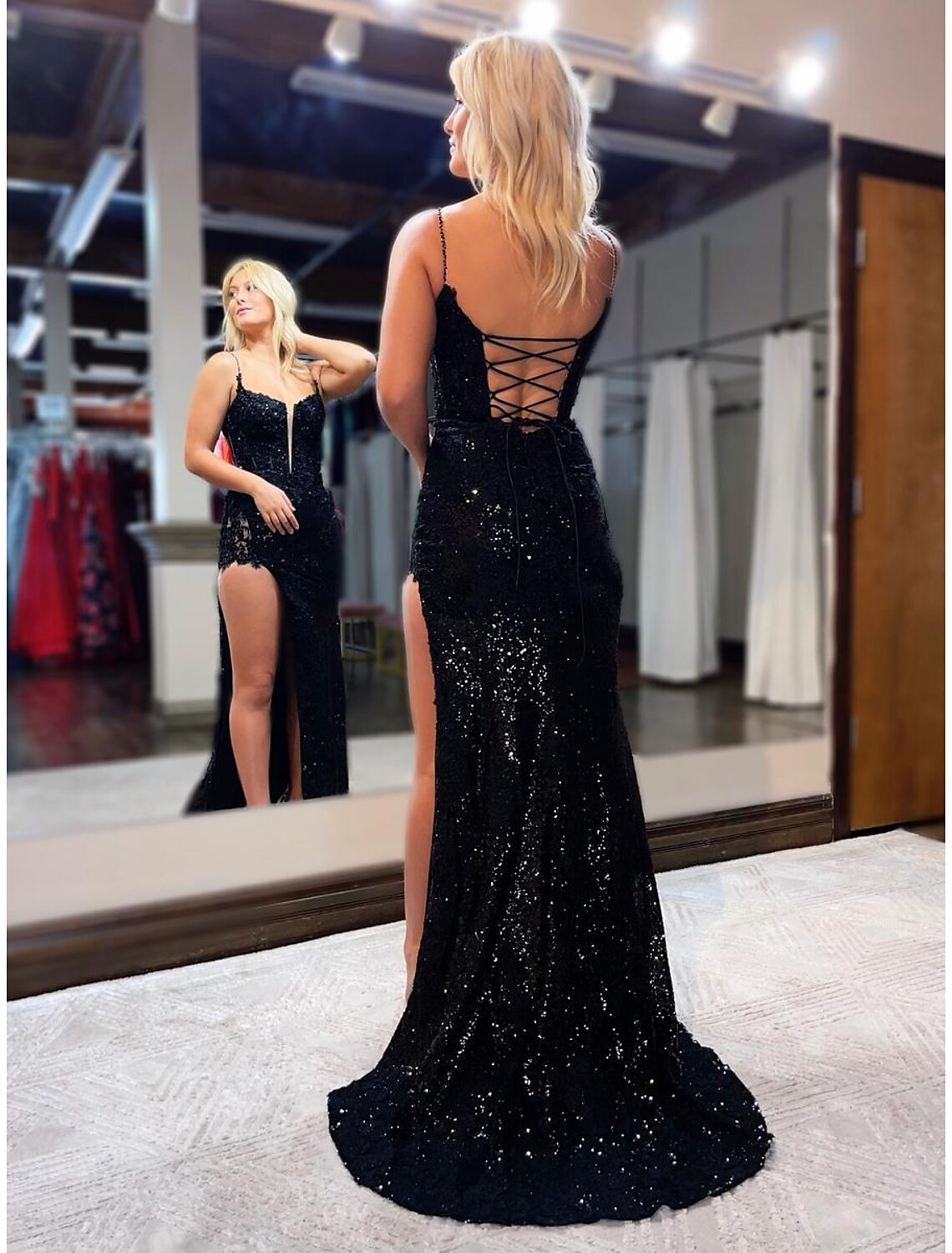 Red Sequin Mermaid V-Neck Gown with High Slit & Criss-Cross Straps