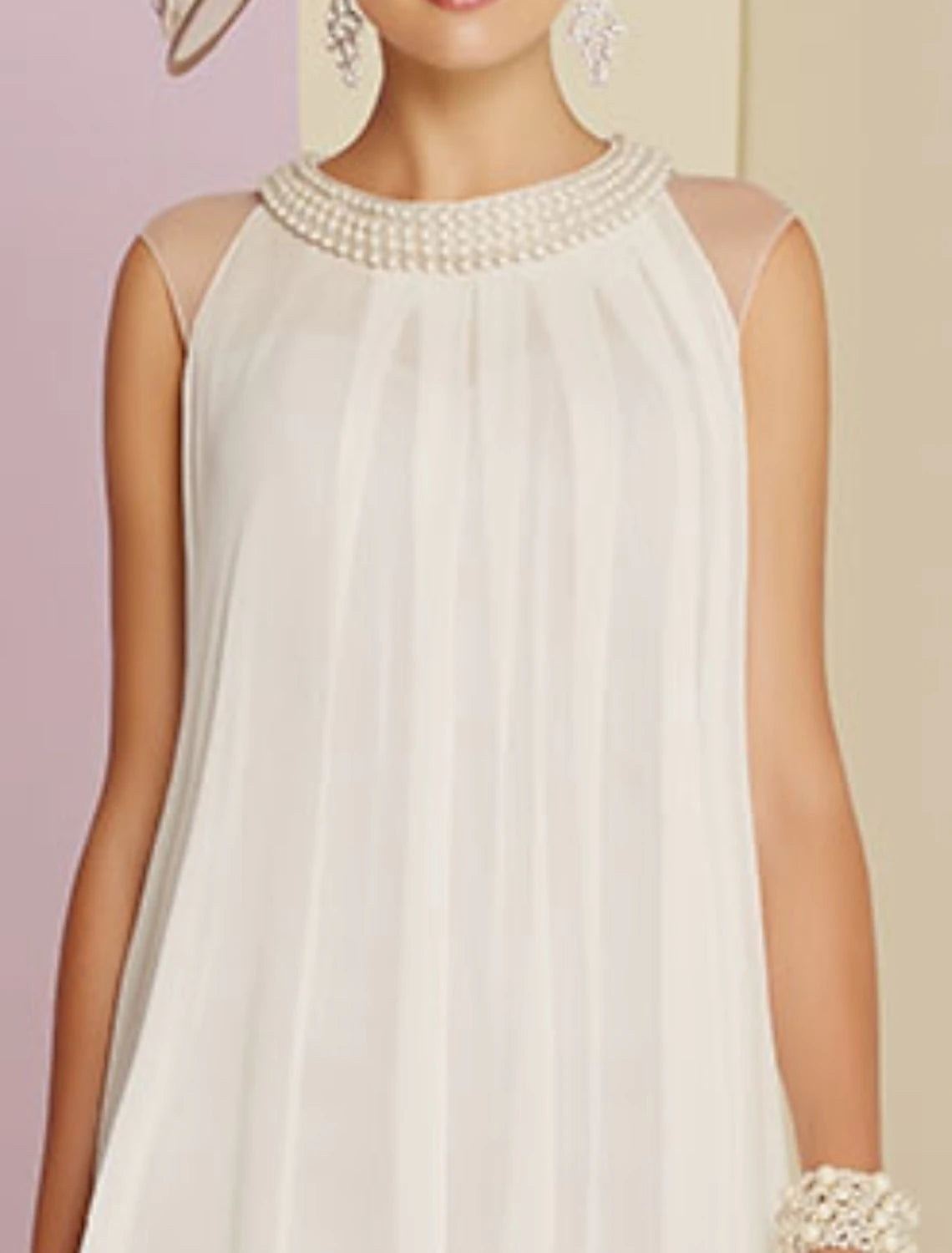 Abito da cerimonia per la madre della sposa, a tubino, elegante, con scollo a gioiello, lunghezza al ginocchio, in chiffon, senza maniche, con pieghe e perline