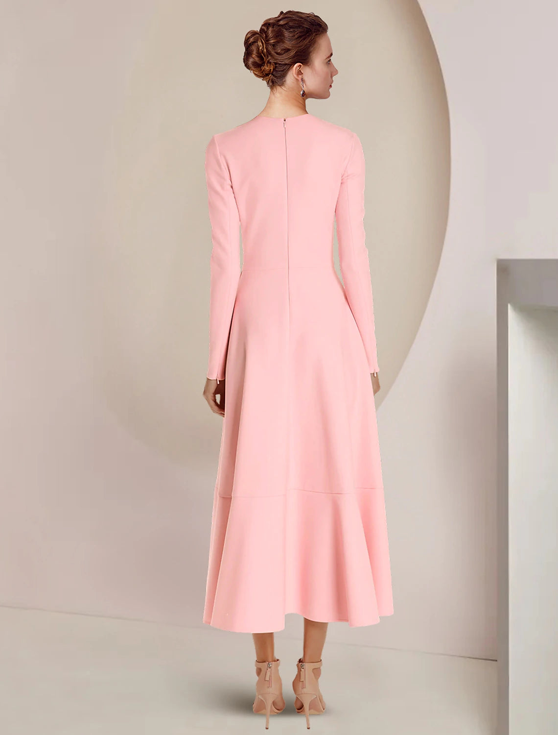Blushing Pink Crepe A-Line Midi with Scoop Neck and Asymmetrical Ruffled Hem