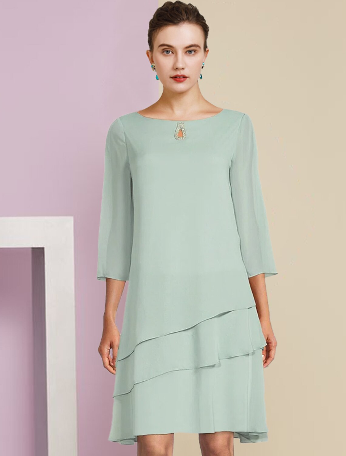 Vestido de dos piezas de corte A para madre de la novia, elegante, de invitada de boda, con escote redondo, largo hasta la rodilla, de gasa, manga 3/4 con capa