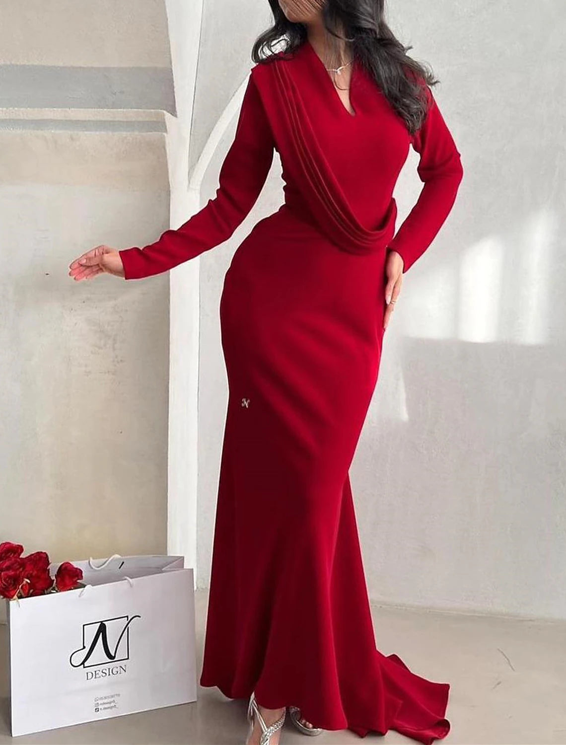 Mermaid Evening Gown Sparkle & Shine Dress Christmas Red Green Dress Sweep / Brush Train Long Sleeve V Neck  Fabric with Ruched 2025