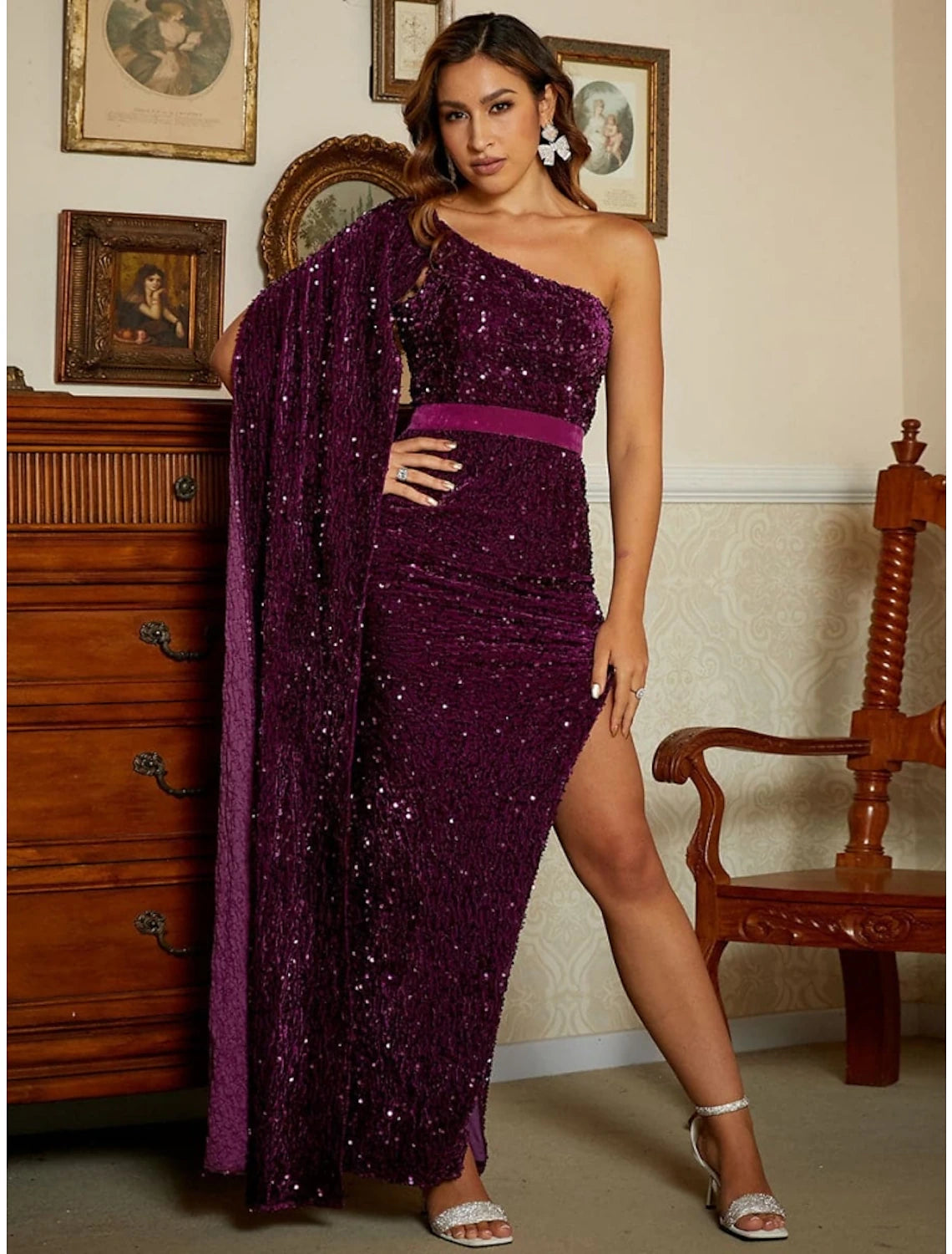 Black Sequin Mermaid Gown with One-Shoulder Cape
