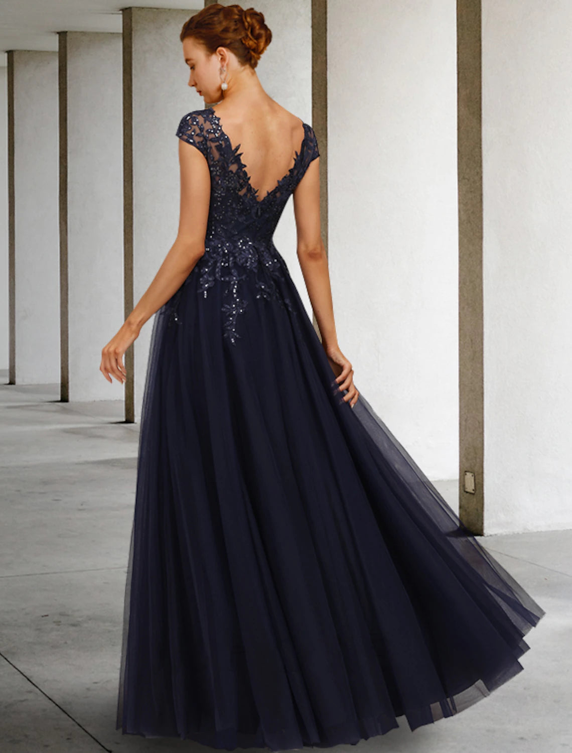 Dark Navy Tulle A-Line Floor-Length Evening Dress with Lace & Sequins