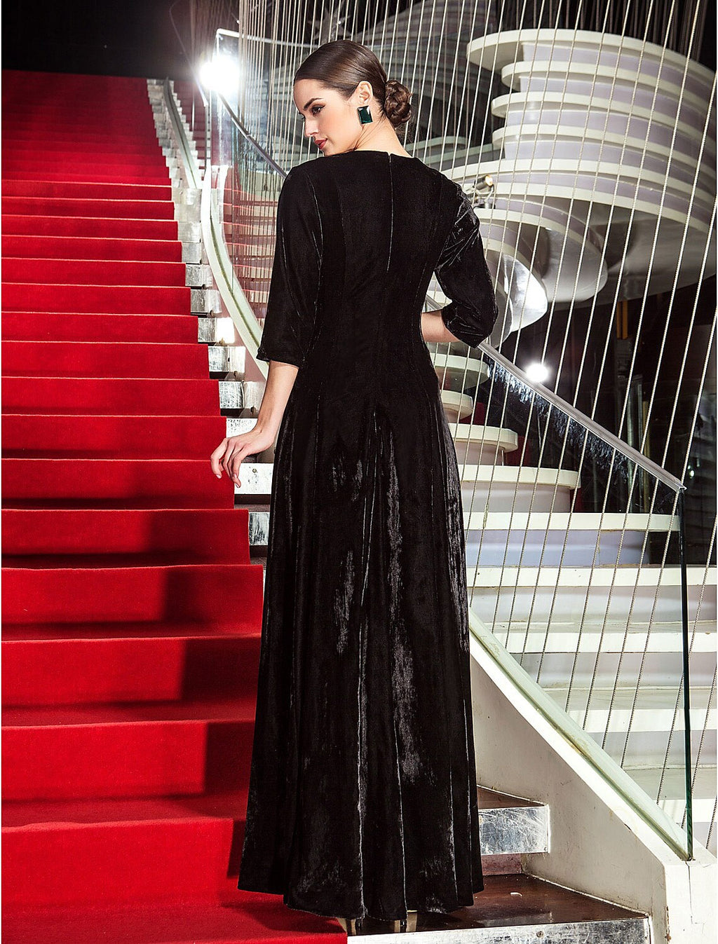 Black Velvet A-Line Floor-Length Evening Dress with Three-quarter Sleeves