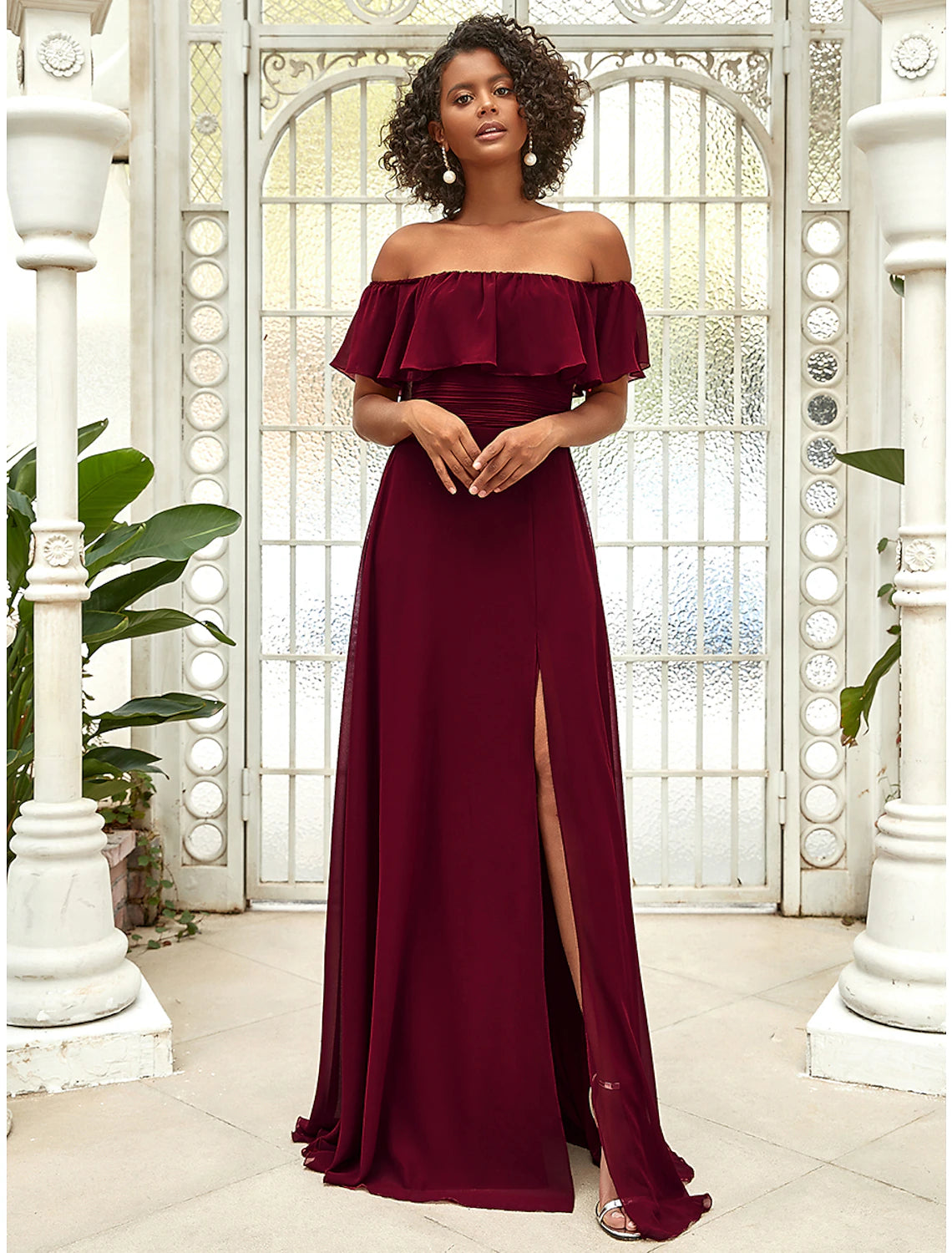 Burgundy Chiffon Off-the-Shoulder A-Line Floor-Length Bridesmaid Dress with Off-the-Shoulder Ruffle & High Slit