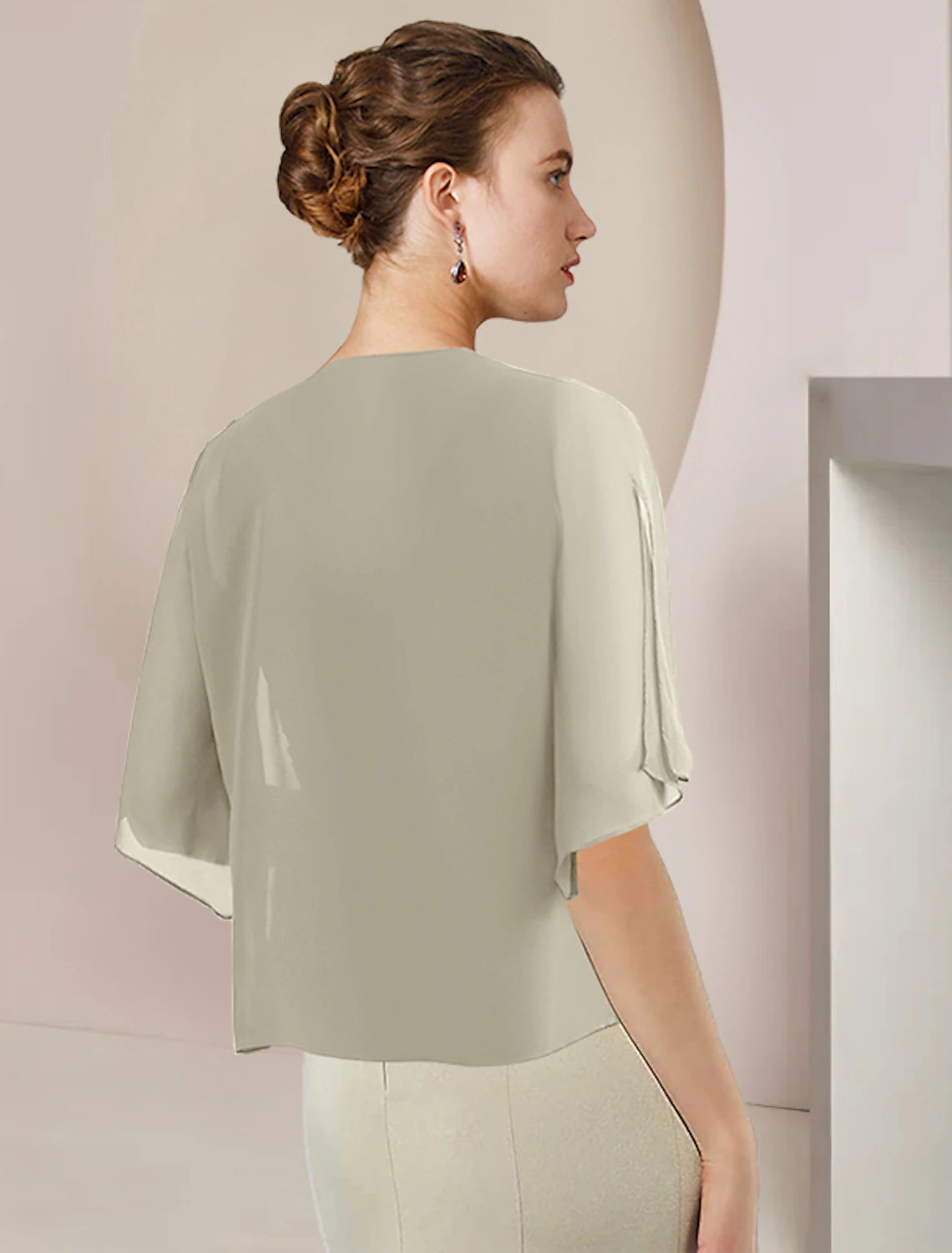 Vestido de dos piezas de corte A para madre de la novia, elegante, formal, para invitada de boda, escote en V alto y bajo, asimétrico, largo hasta la rodilla, de gasa, con encaje, mangas 3/4, cruzado incluido con apliques de lentejuelas