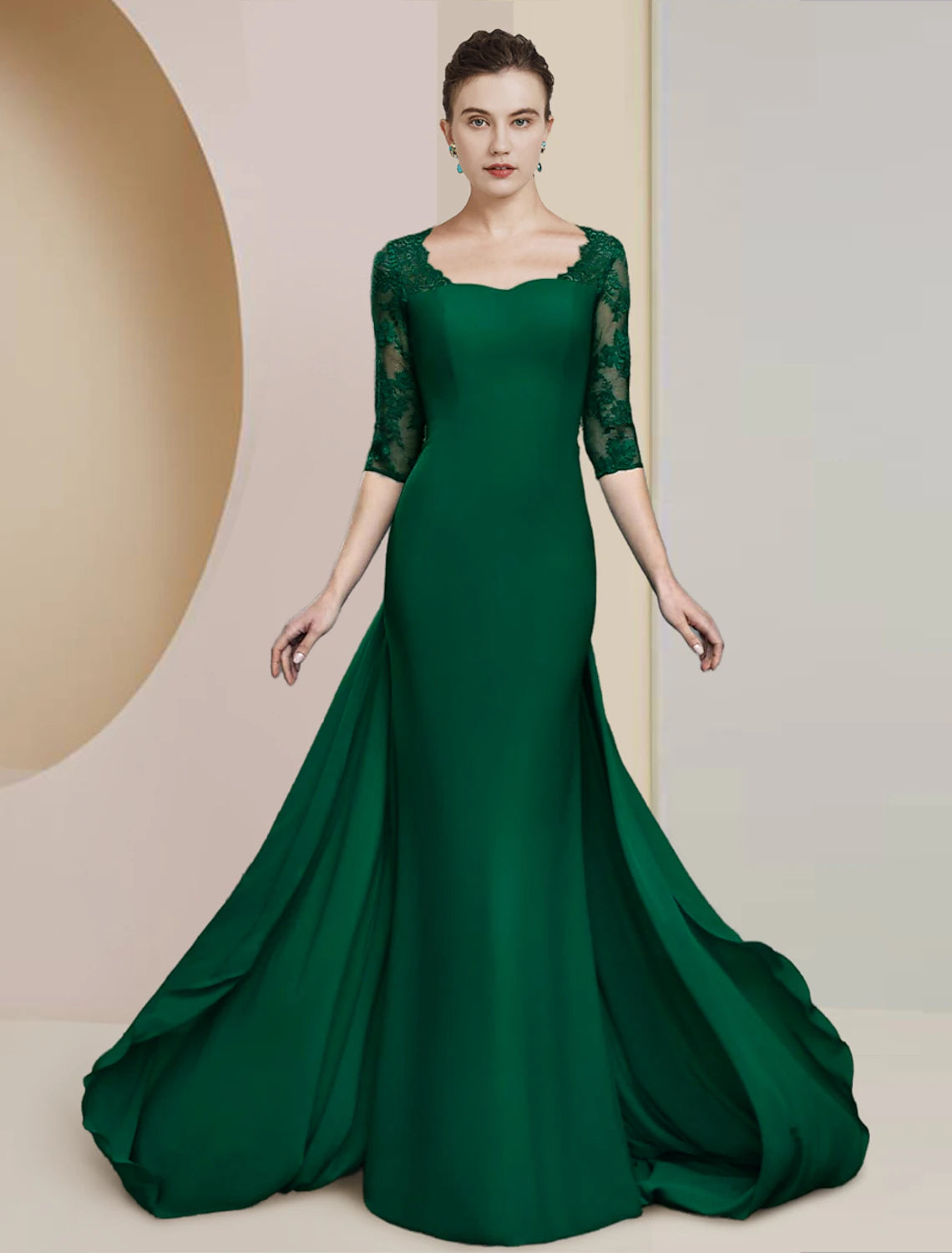 Vestido de madre de la novia con corte tubo/columna, elegante, escote redondo, largo hasta el suelo, de gasa, con encaje, media manga y apliques.