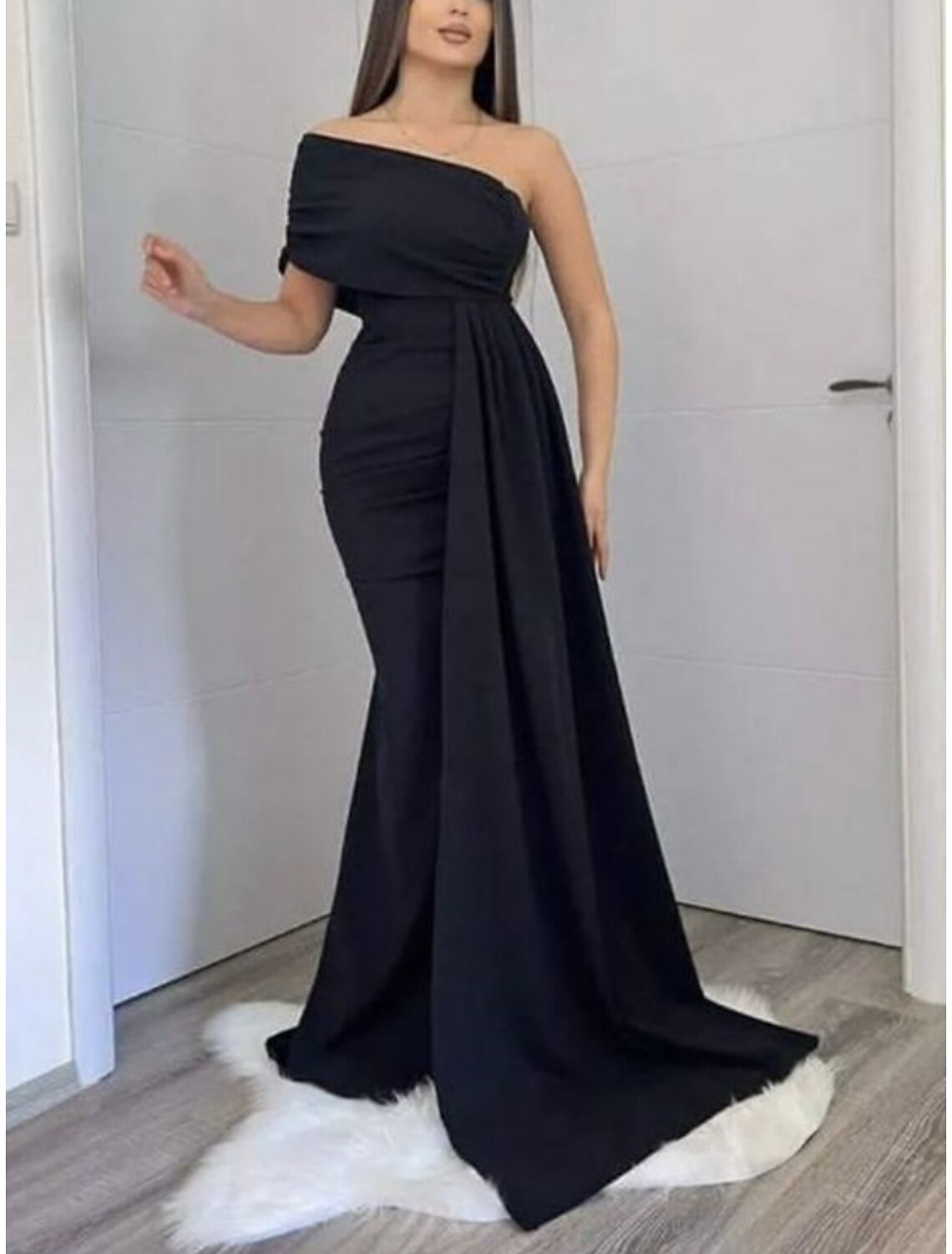 Mermaid / Trumpet Evening Gown Elegant Dress Formal Christmas Red Green Dress Sweep / Brush Train Short Sleeve One Shoulder Satin with Pleats Ruched 2025