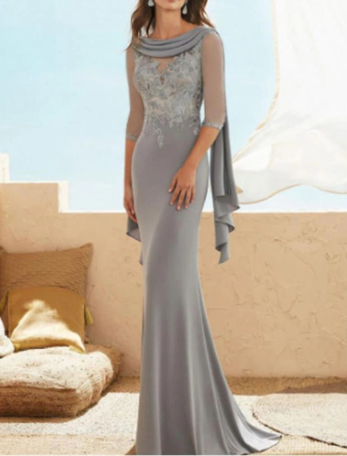 Vestido de Madre de la Novia con Corte en Columna, Elegante, Talla Grande, Escote Joya, Largo hasta el Suelo, Gasa, Encaje, Media Manga con Apliques Fruncido