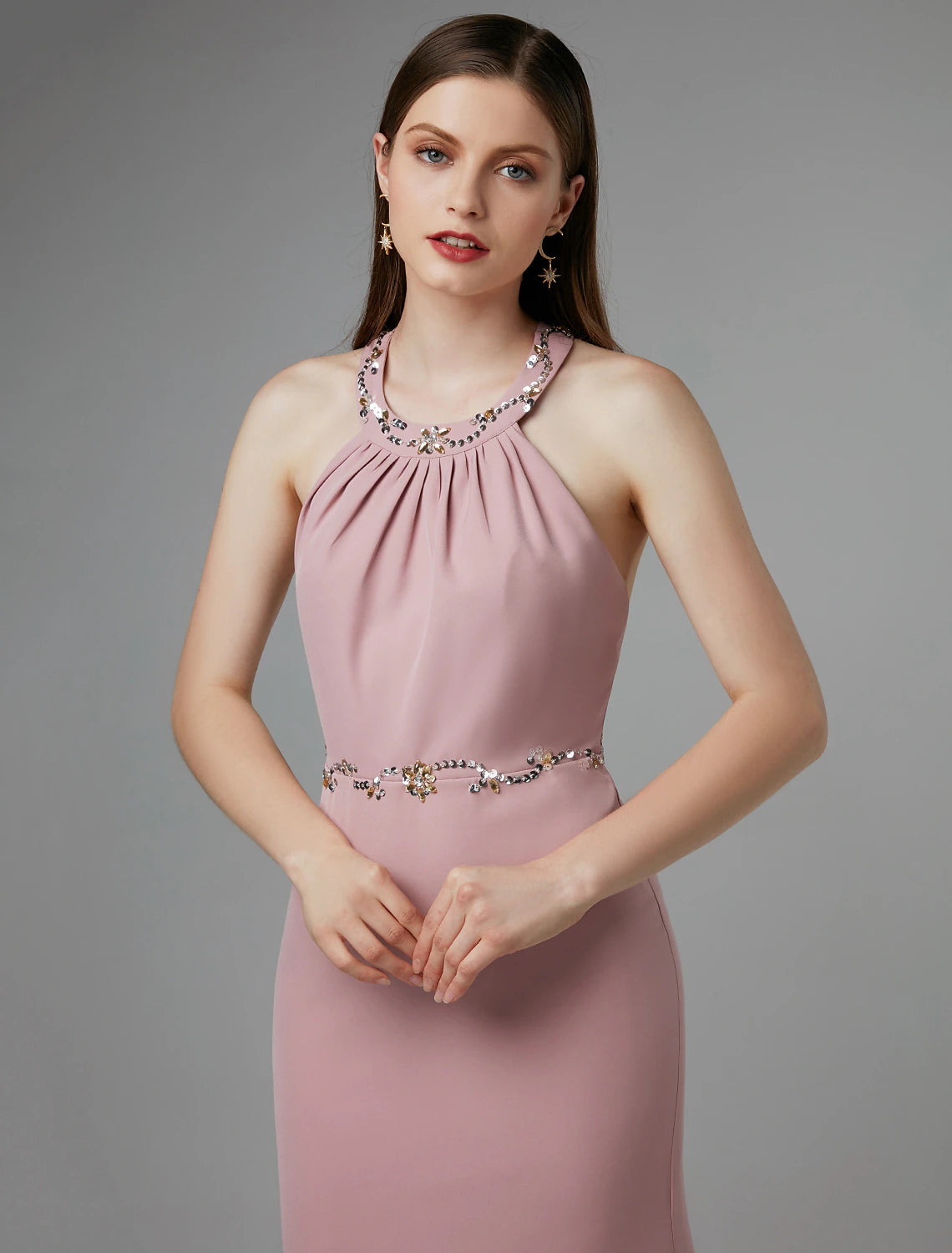 Vestido tubo/columna con espalda hermosa, para invitados de boda, graduación, largo hasta el suelo, sin mangas, cuello halter, licra, espalda cruzada con cuentas