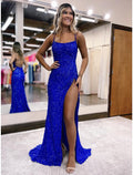 Royal Blue Sequin Square Neck Sheath/column Floor-Length Evening Dress