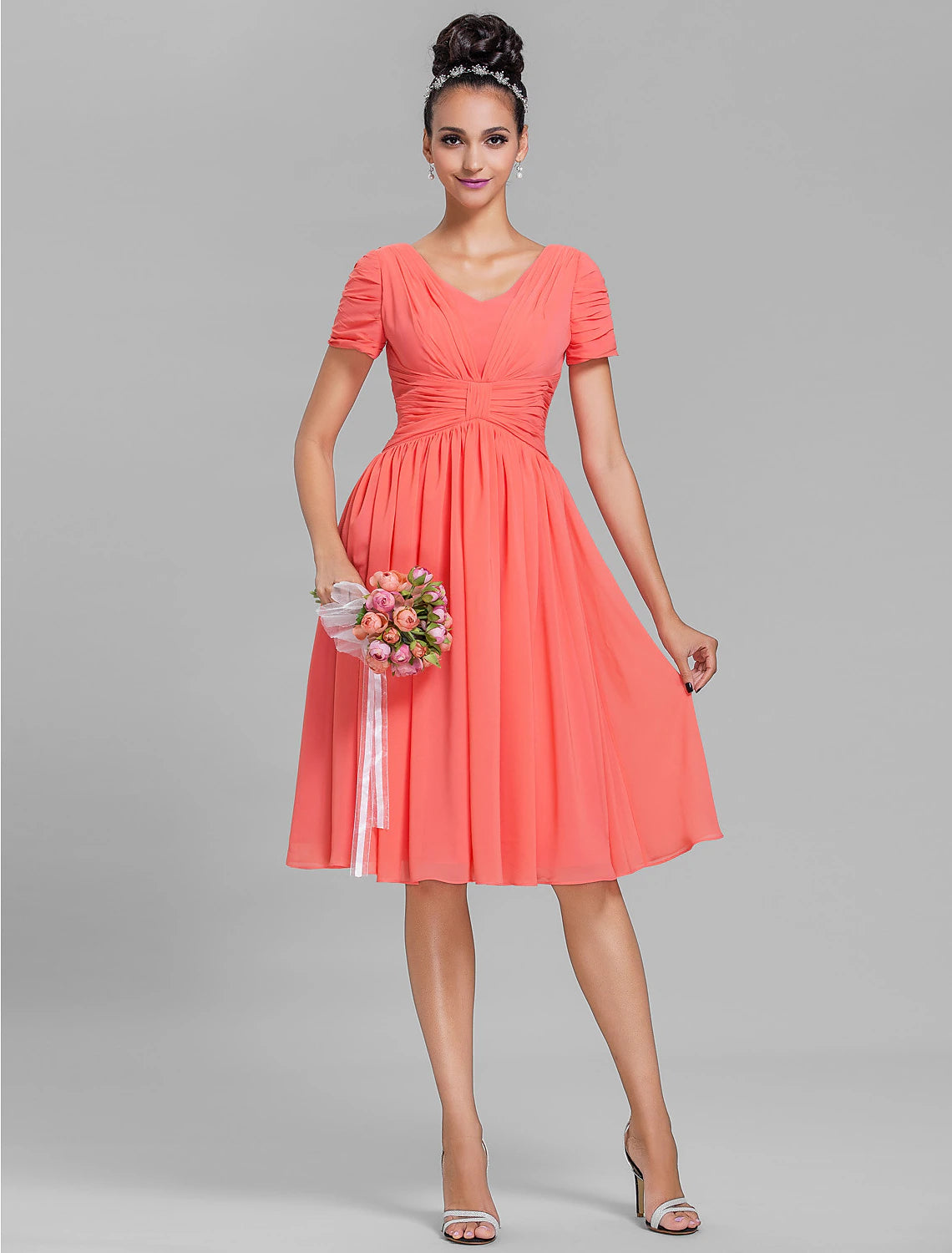 Coral V-Neck Ruched Chiffon A-Line Knee-Length Bridesmaid Dress
