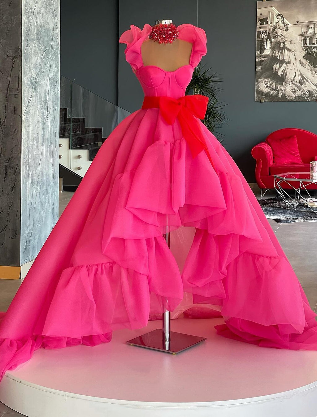 Vestido de noche de fiesta, alto bajo, quinceañera, asimétrico, sin mangas, escote cuadrado, organza con lazo(s) y volantes