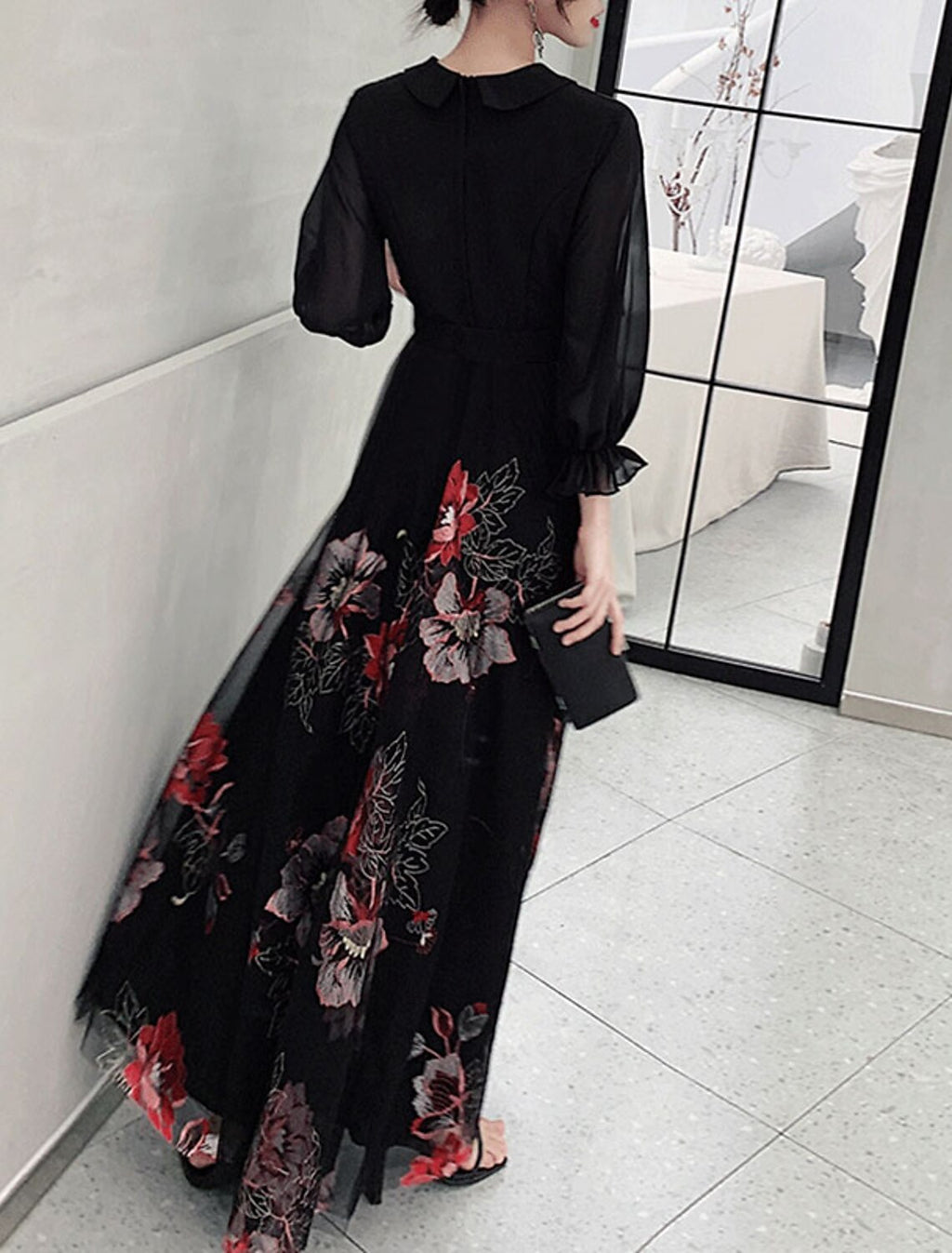 Black Chiffon A-Line Long Evening Dress with Floral Embroidery & V-Neck Wrap Bodice