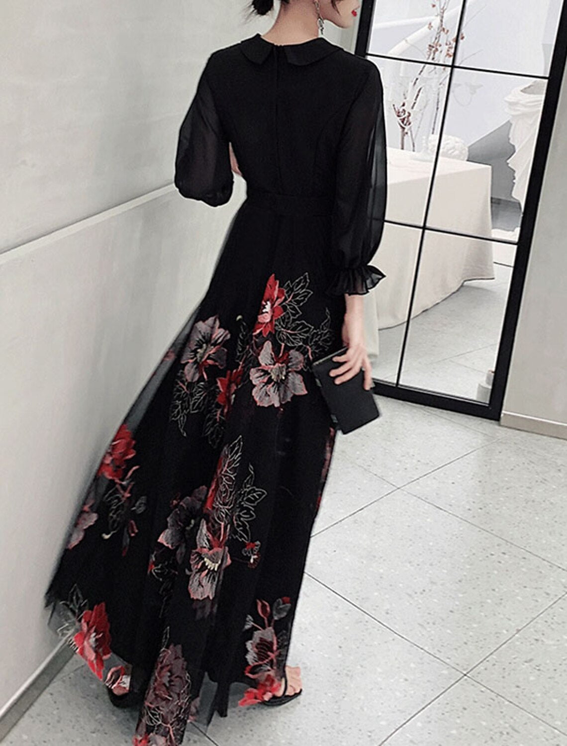 Black Chiffon A-Line Long Evening Dress with Floral Embroidery & V-Neck Wrap Bodice