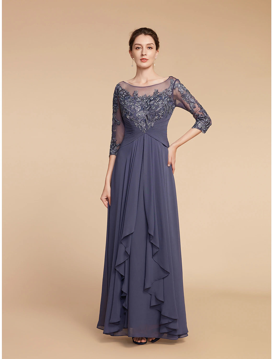 Abito da madre della sposa a trapezio, elegante, con scollo a V, lunghezza al pavimento, in chiffon e pizzo, maniche a 3/4 con applicazioni di volant