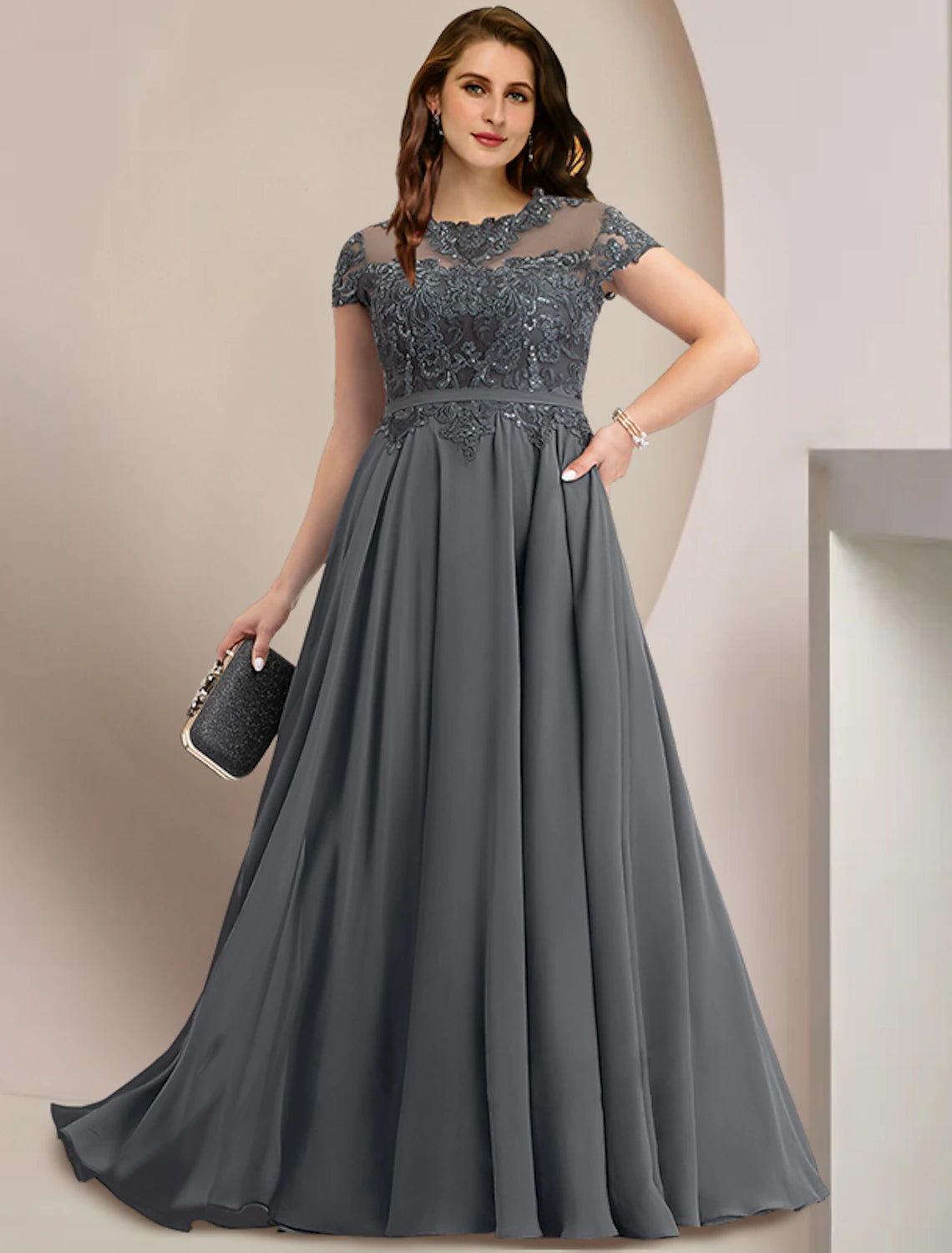 Grey Chiffon Illusion Neck Lace Bodice A-Line Floor-Length Dress