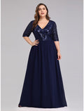 Vestidos de fiesta de corte A, talla grande, para invitados de boda, hasta el suelo, media manga, escote pronunciado, de gasa con
