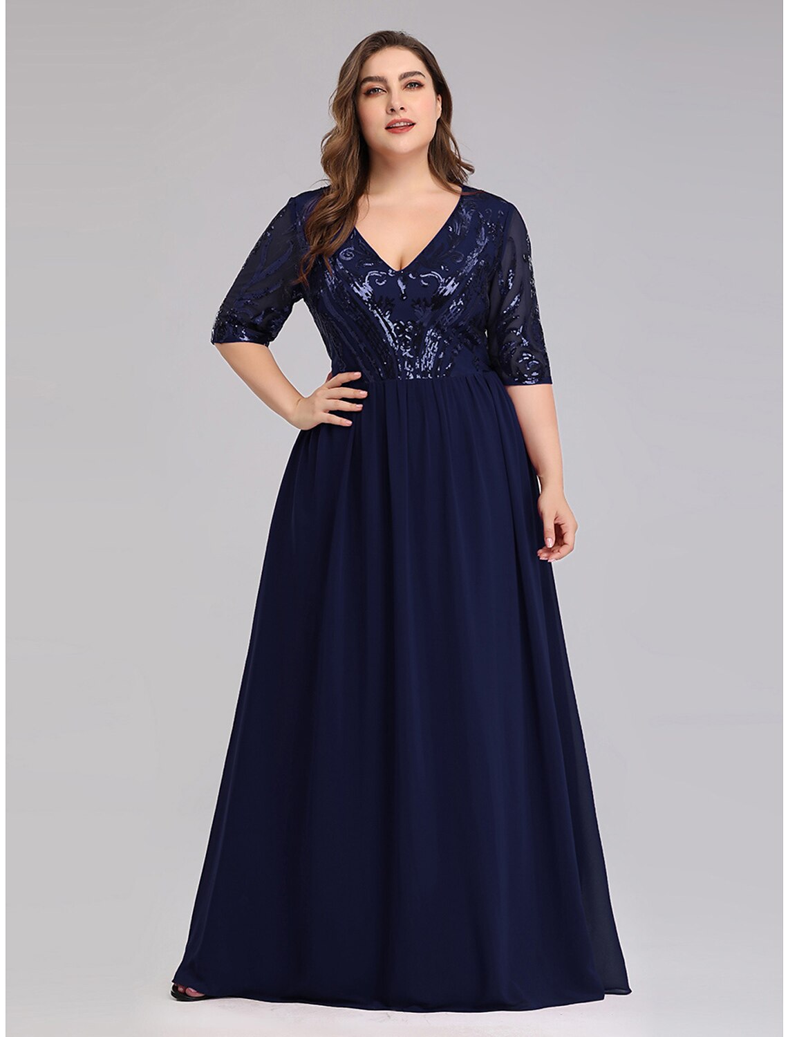 Vestidos de fiesta de corte A, talla grande, para invitados de boda, hasta el suelo, media manga, escote pronunciado, de gasa con