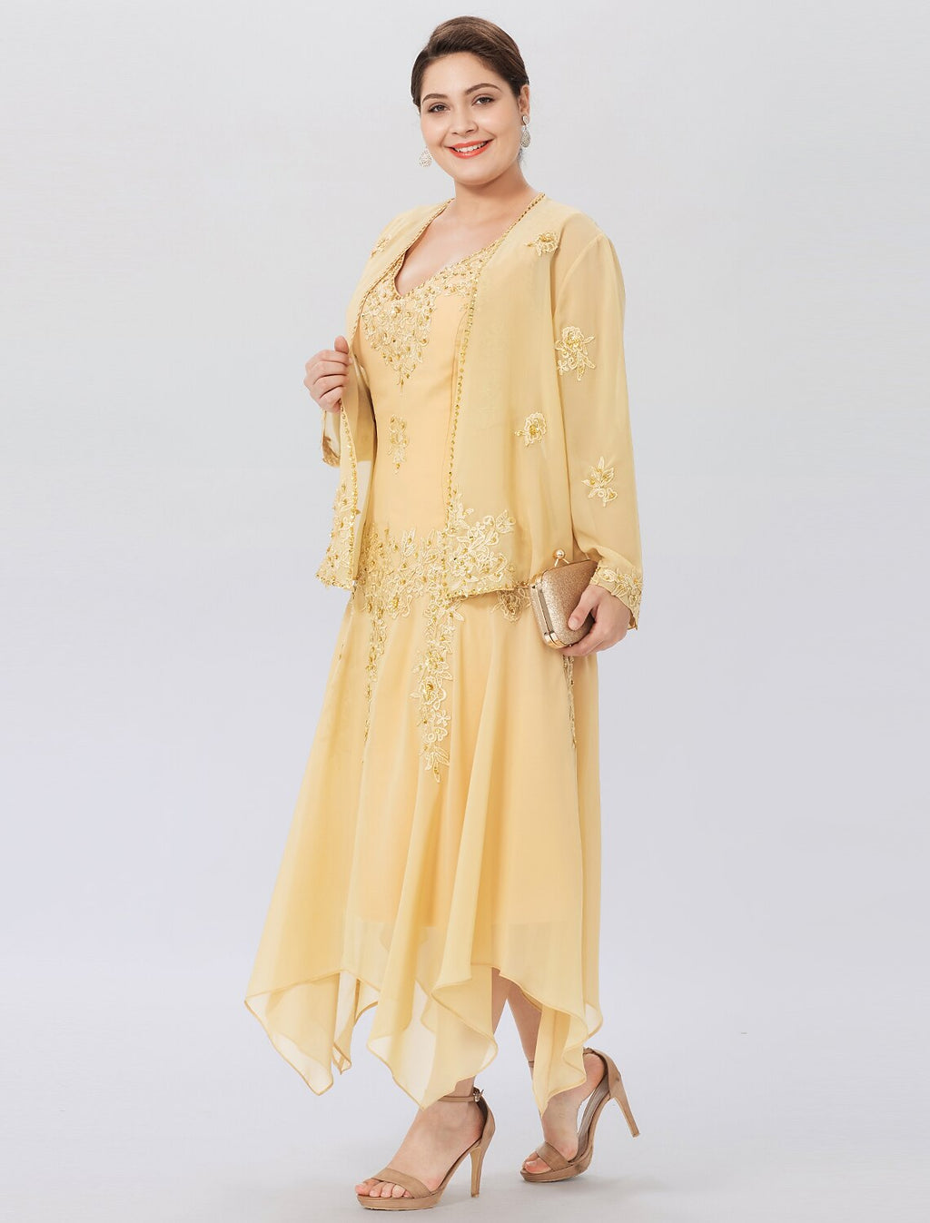 Butter Chiffon A-Line V-Neck Tea-Length Mother of the Bride Two-Piece Dress with Embroidery