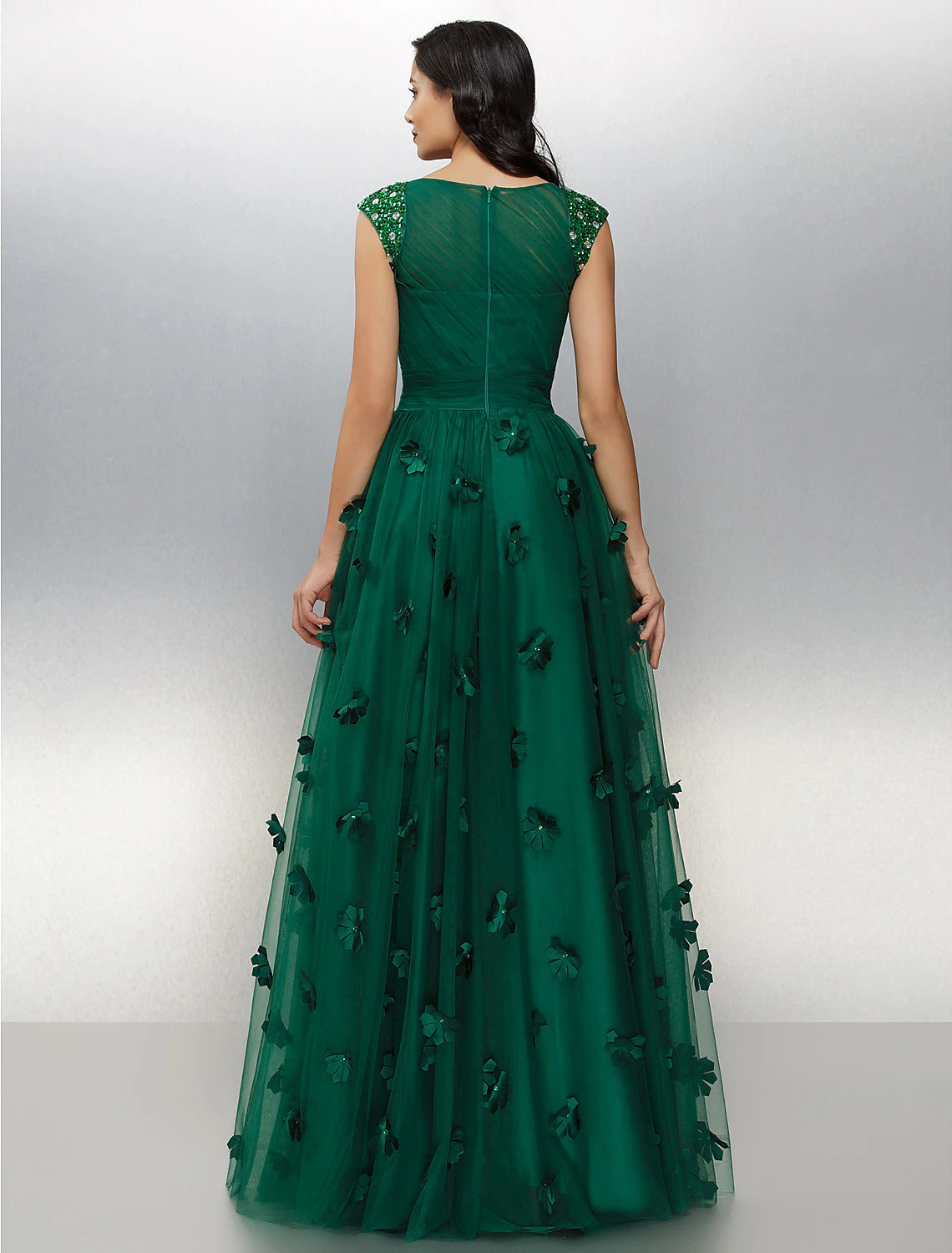 Abito a trapezio floreale per invitati a nozze, ballo di fine anno, lunghezza al pavimento, manica corta, scollo a barca, tulle con applicazioni di cristalli 2025