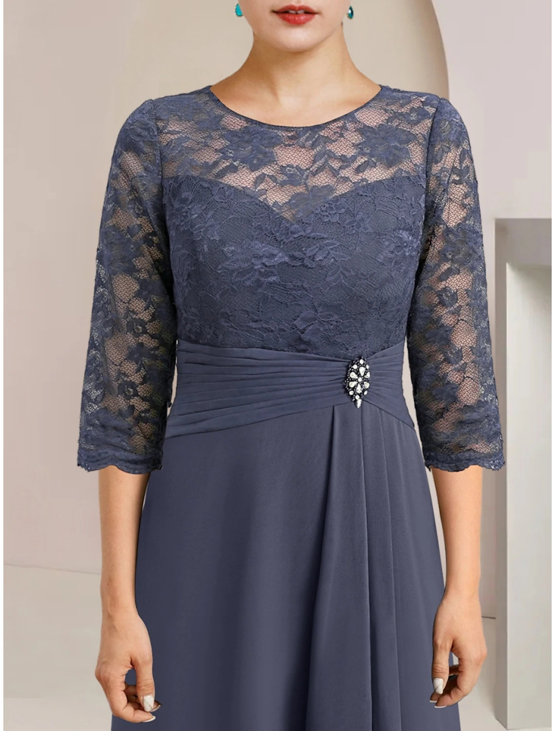 Dusty Blue A-Line Floor-Length Bridesmaid Dress with Lace Bodice & Boat Neck