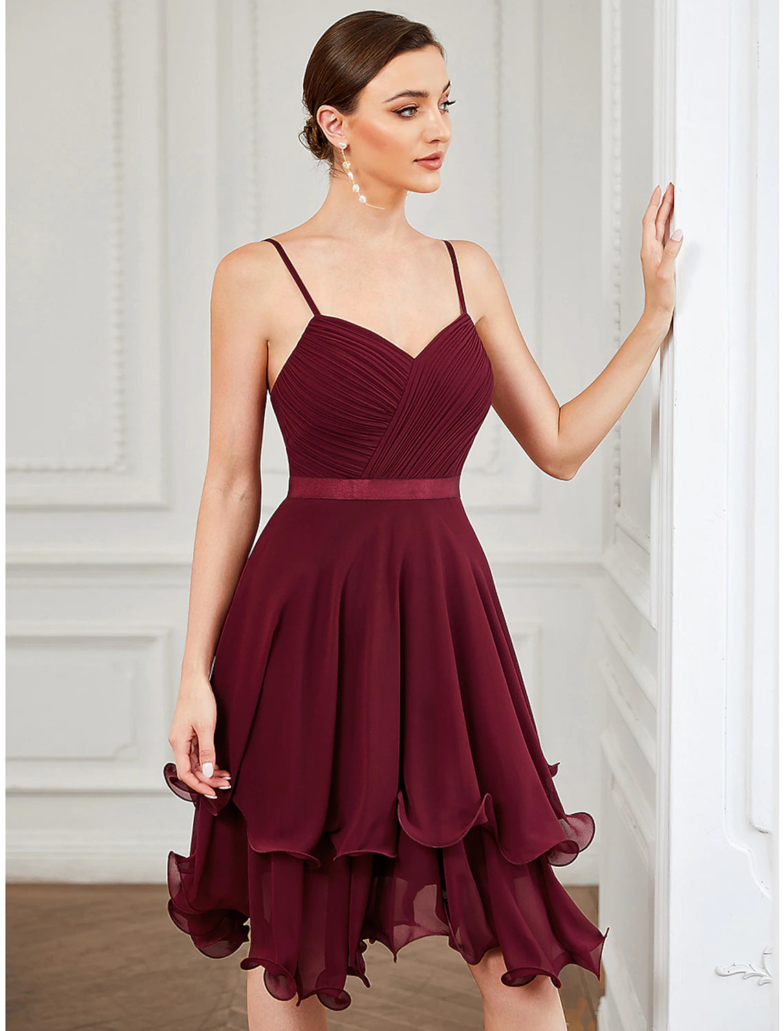 Burgundy Chiffon Sweetheart A-Line Short Dress with Ruffled Skirt