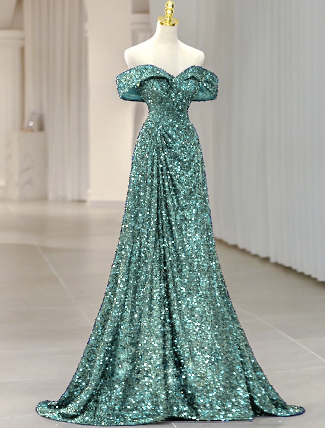 Abito da sera a trapezio, scintillante e brillante, da cerimonia, con strascico a ruota, senza maniche, spalle scoperte, paillettes con glitter