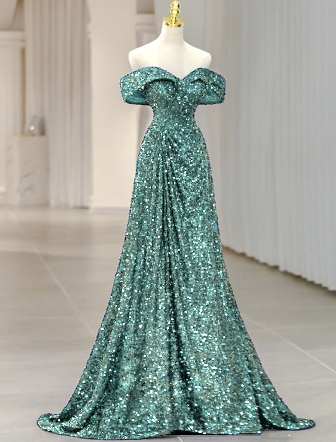 Vestido de noche de corte A con brillo y destellos, vestido formal para invitados de boda, cola larga/cortada, sin mangas, hombros descubiertos, con lentejuelas y purpurina.