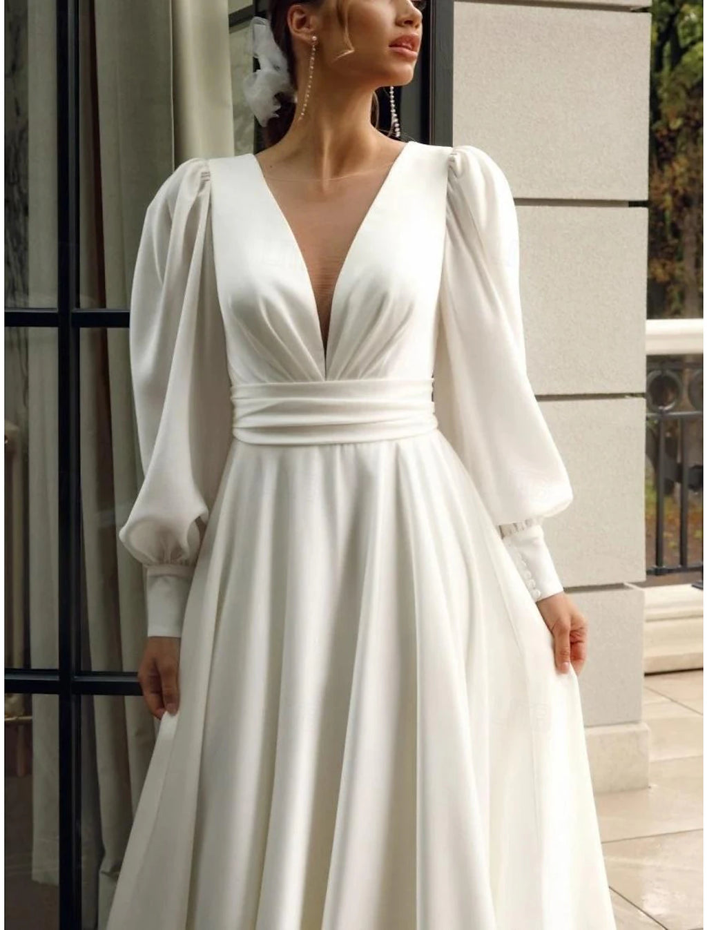 Ivory Satin A-Line Floor-Length Evening Dress with V-Neck and Voluminous Sleeves