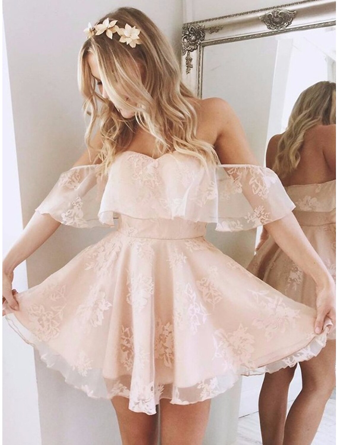 Blushing Pink Lace Short A-Line Off-the-Shoulder Ruffle Dress